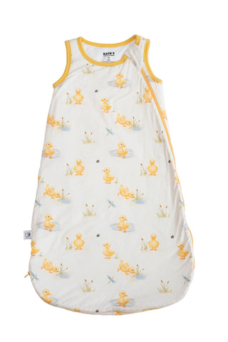 Baby sleeping bag with duck pattern on a white background