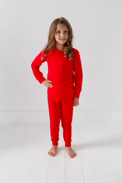 Red & Green Bamboo Pajamas – Soft Holiday Long Johns for Kids