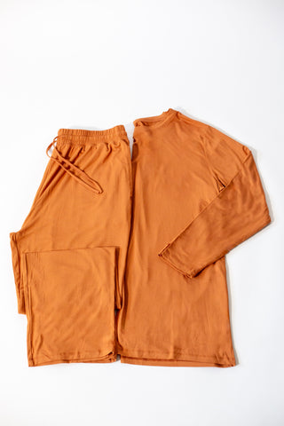 Mens Long Sleeve Solid  Bamboo Pajama- Color Orange, Crew Neck