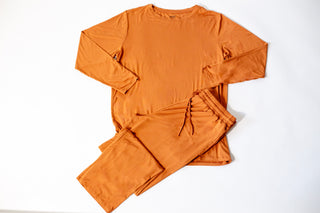 Mens Long Sleeve Solid  Bamboo Pajama- Color Orange, Crew Neck
