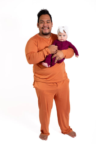 Mens Long Sleeve Solid  Bamboo Pajama- Color Orange, Crew Neck