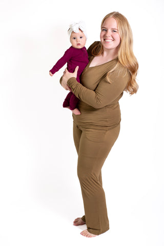 Women's Solid Long Sleeve Button Pajamas:2 Piece  Bamboo Olive