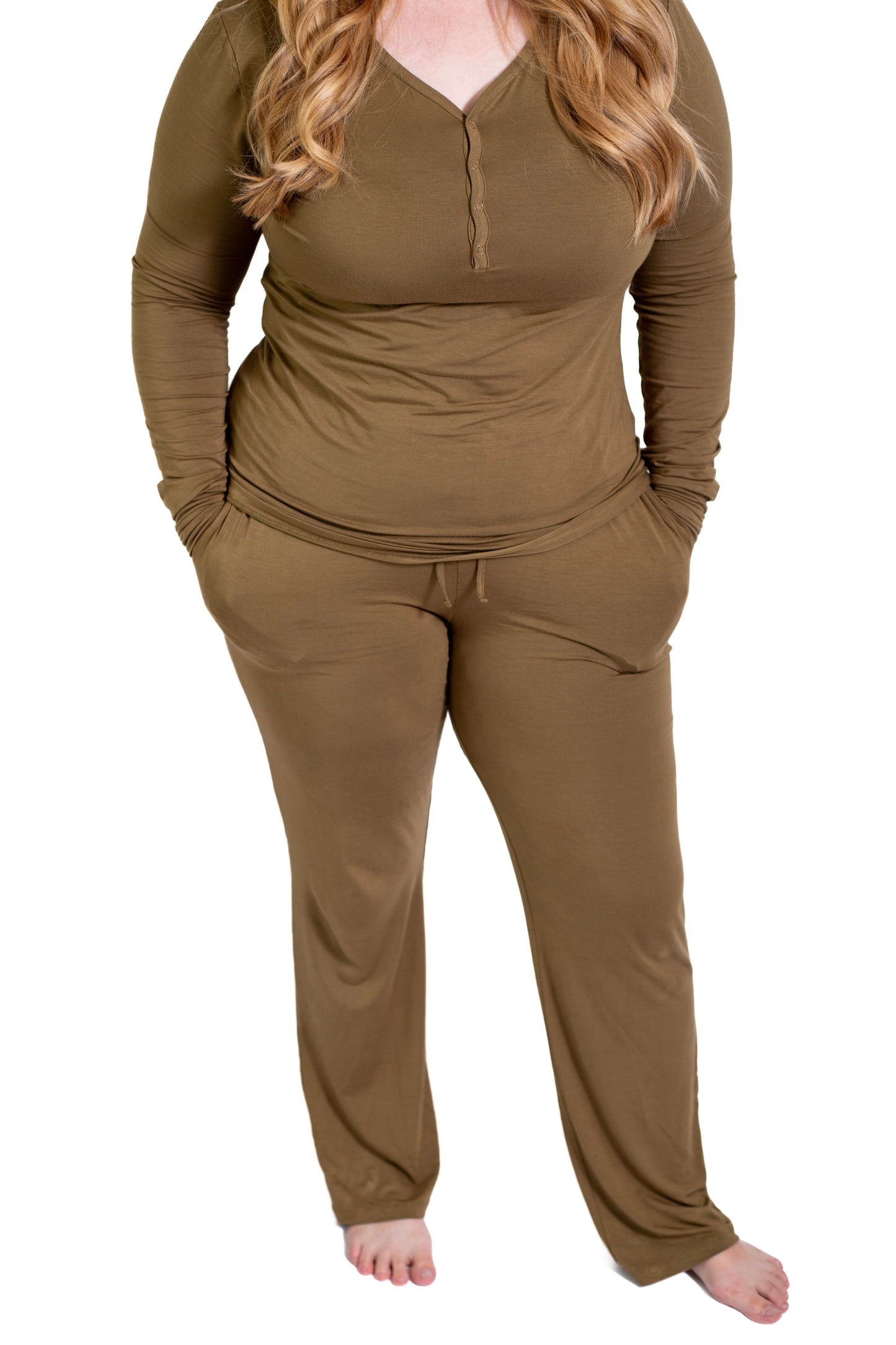 Women's Solid Long Sleeve Button Pajamas: Olive Color