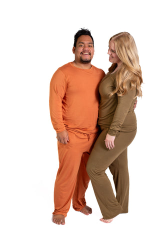 Mens Long Sleeve Solid  Bamboo Pajama- Color Orange, Crew Neck