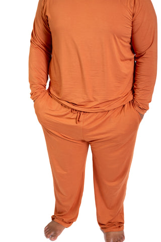 Mens Long Sleeve Solid  Bamboo Pajama- Color Orange, Crew Neck