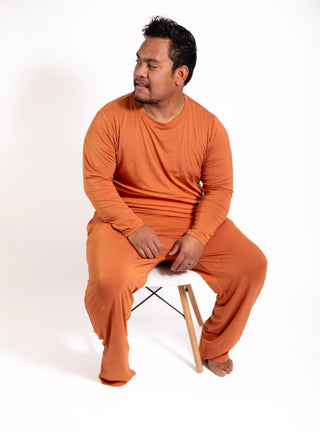 Mens Long Sleeve Solid  Bamboo Pajama- Color Orange, Crew Neck