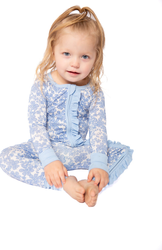 Blue Bonnet  Bamboo Floral Onesie | Double Zip & Frills | Mommy & Me