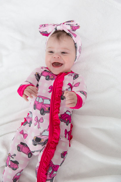 My First Pink Car Bamboo Zip Onesie | Baby Pajamas