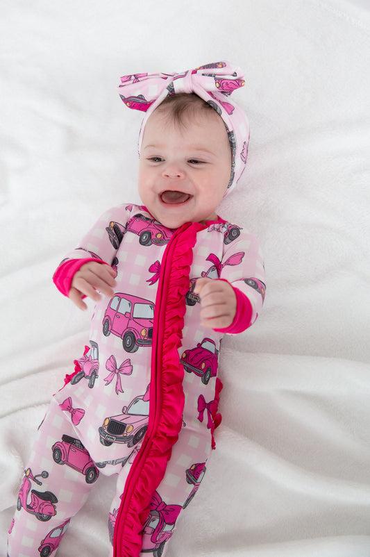 My First Pink Car Bamboo Zip Onesie | Baby Pajamas
