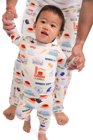 A buttery soft bamboo toddler pajama set inspired by Chicago memories, featuring playful Windy City artwork designed for cozy bedtime routines and matching family moments.
