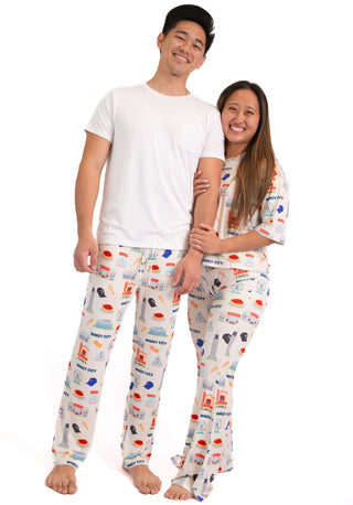 couples wearing breathable matching pajamas with Chicago theme
