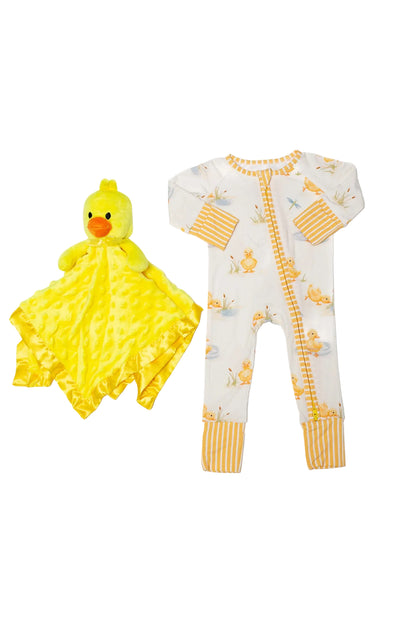 Yellow baby comfort blanket and onesie with duck design on a white background