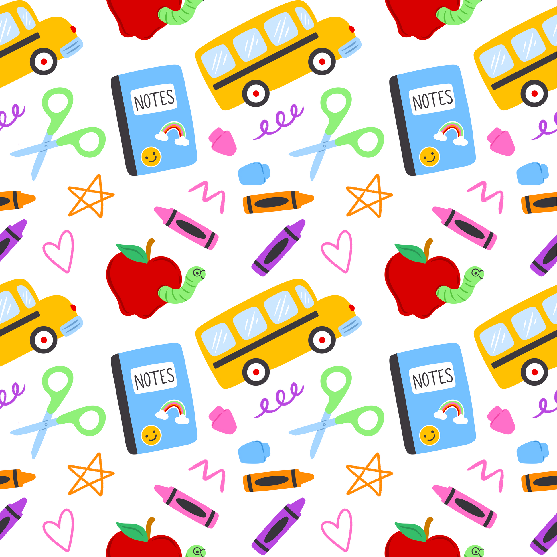 Pattern of school-themed items including buses, notebooks, apples, and crayons on a white background.