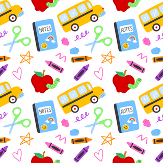 Pattern of school-themed items including buses, notebooks, apples, and crayons on a white background.