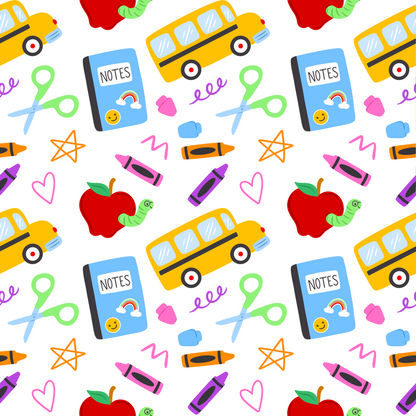 Pattern of school-themed items including buses, notebooks, apples, and crayons on a white background.