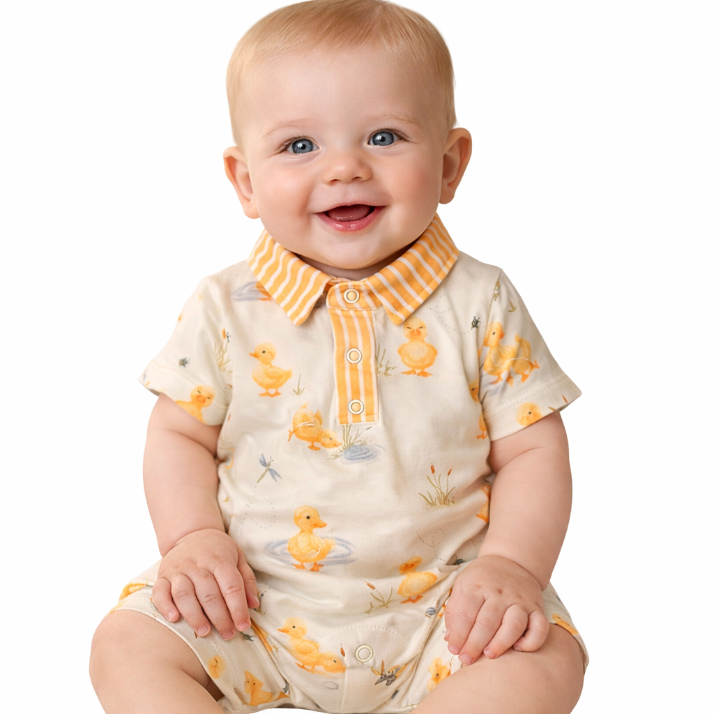 Baby wearing a romper with duck print on a white background