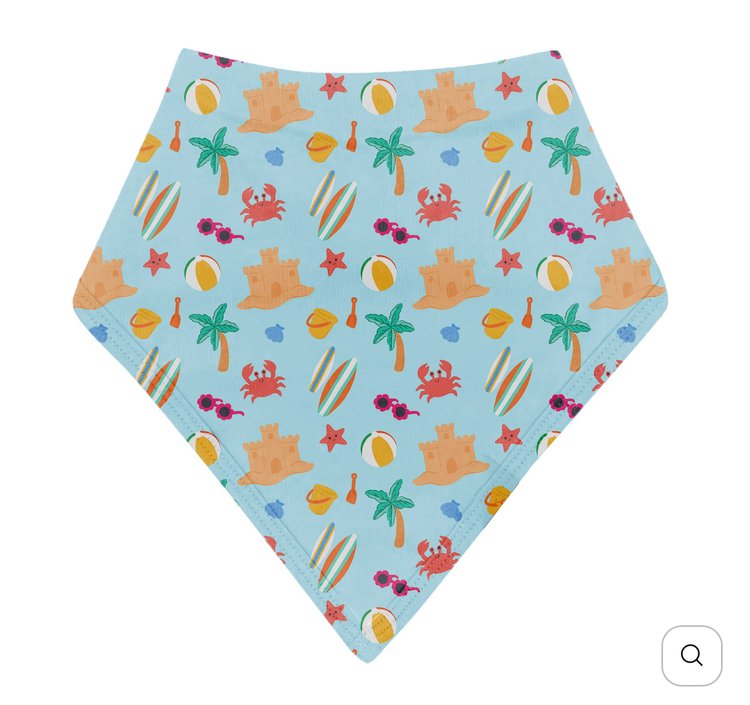 Colorful beach-themed bandana with sea shells, palm trees, and crabs on a light blue background.