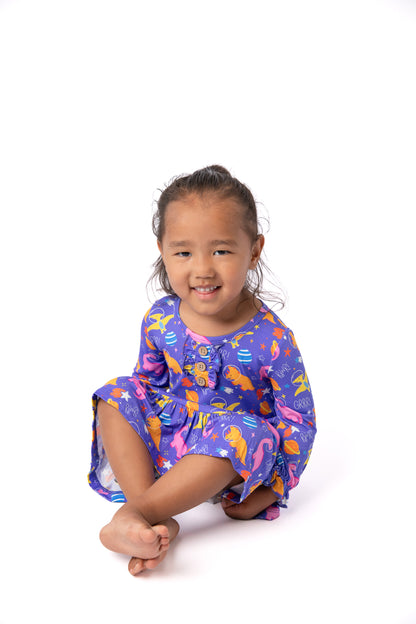 purple bamboo night dress for girls with dinosaur pattern