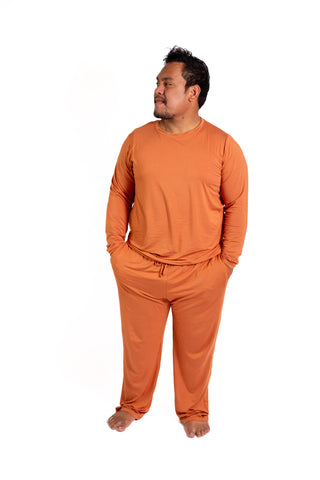 Mens Long Sleeve Solid  Bamboo Pajama- Color Orange, Crew Neck