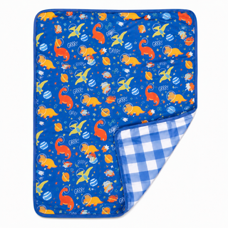 A baby blanket with a blue space-themed print featuring cartoon dinosaurs, planets, and stars, with a blue and white gingham checkered reverse side, shown on a white background.