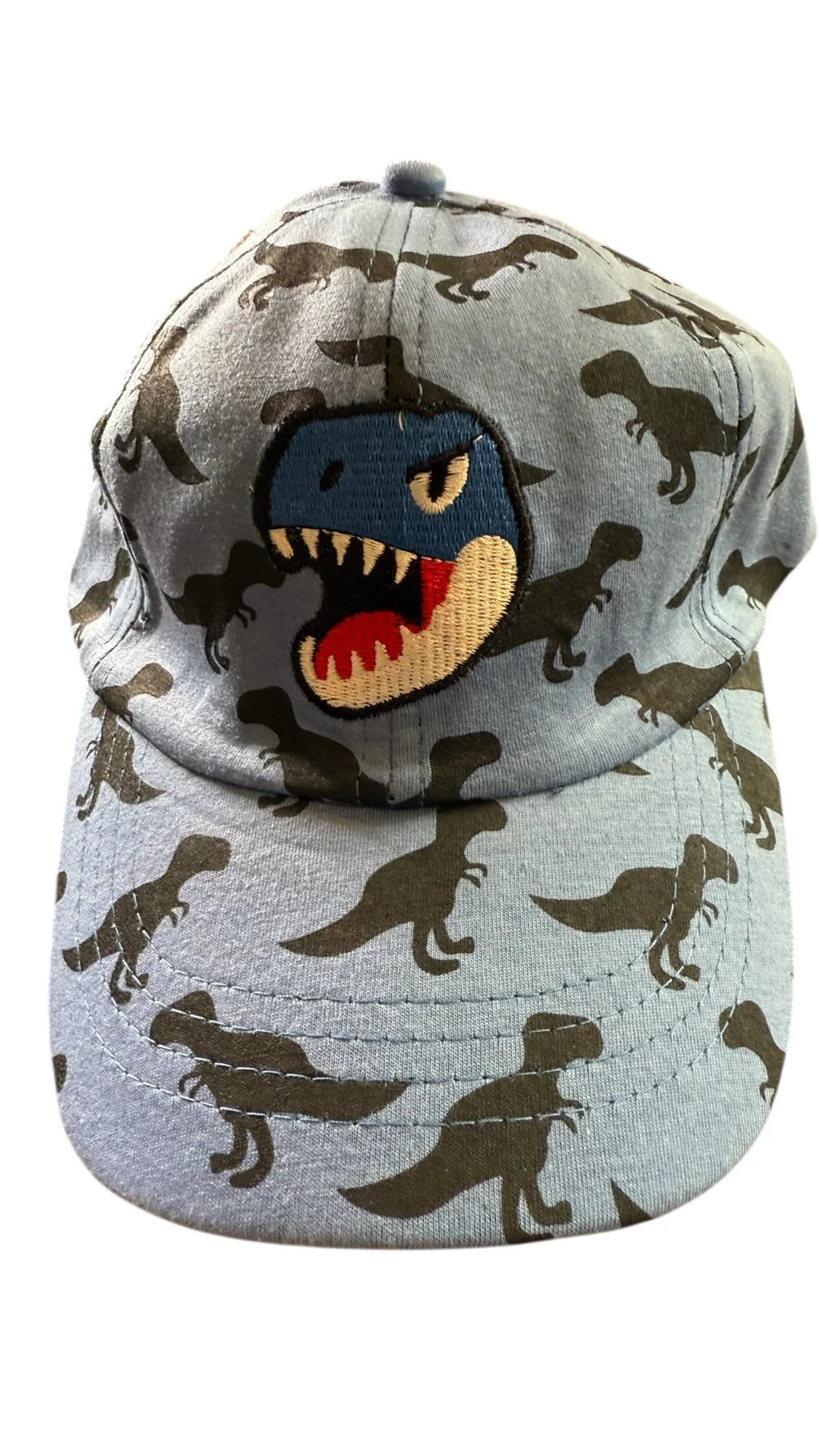 Gray cap with dinosaur pattern and colorful face design on a white background