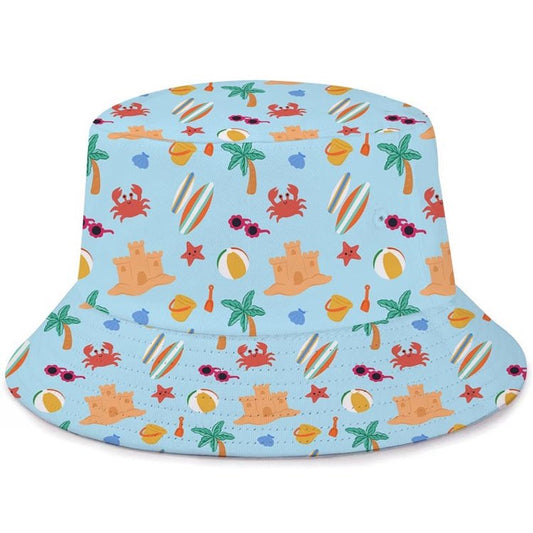 Bucket hat with beach-themed pattern on a light blue background