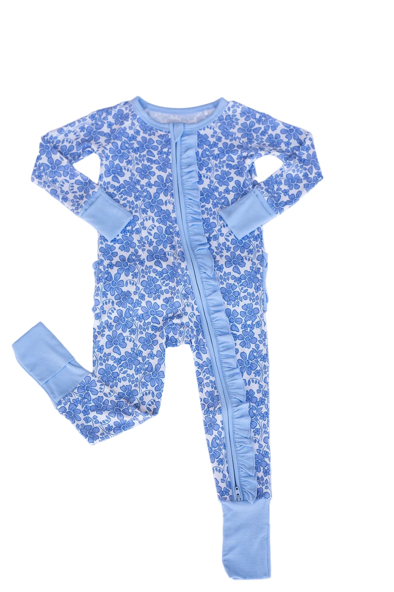 Blue floral baby onesie with legs on a light blue background