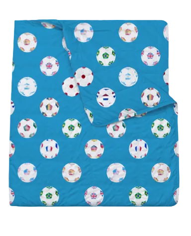 Blue blanket with soccer ball pattern on a white background
