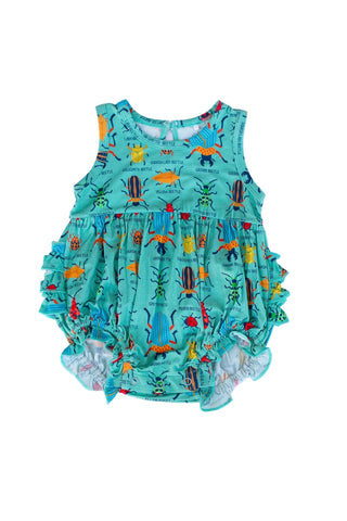 Children's romper with colorful insect pattern on a white background