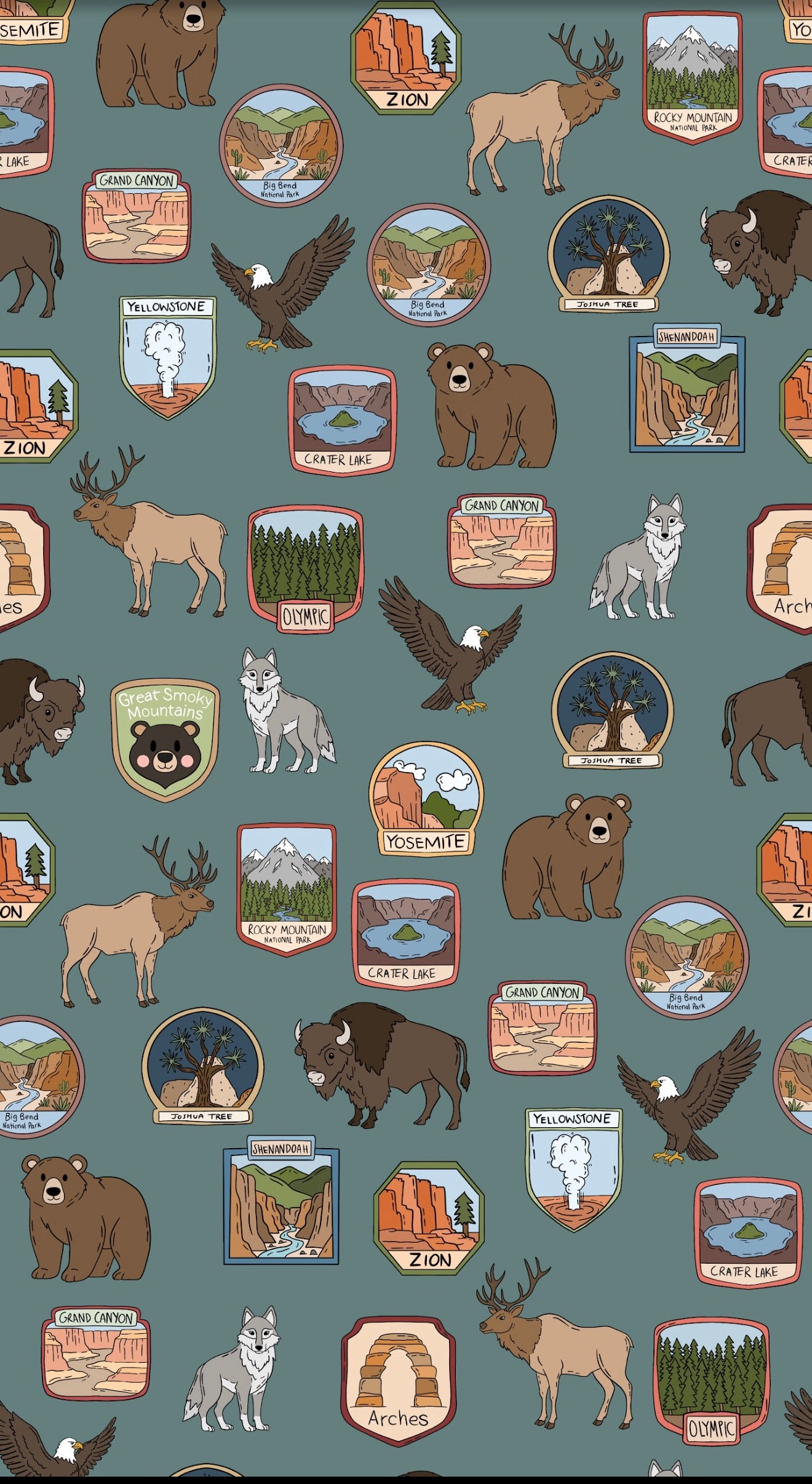 Pattern of various animals and landscapes on a blue background