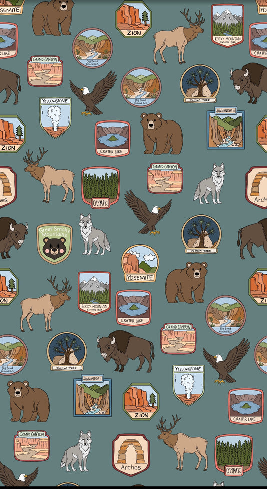 Pattern of various animals and landscapes on a blue background