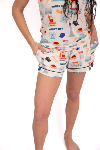 women pajamas, bamboo pajamas, cooling pajamas, Chicago pajamas, tank and shorts set, luxury sleepwear, Windy City, bamboo lounge set, soft pajamas, drawstring shorts, hot sleeper pajamas, breathable sleepwear, cozy pajamas, viral pajamas, temperature regulating sleepwear