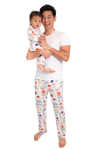 Windy City luxurious mens pajamas with white shirt and family matching Chicago print.