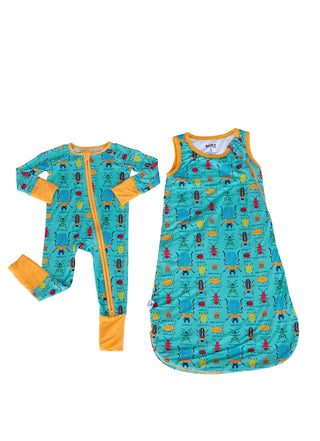 Children's outfit with a colorful pattern on a light blue background