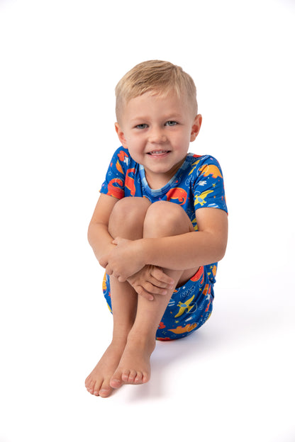 a boy in blue space dinosaur pajamas that are colorful and soft