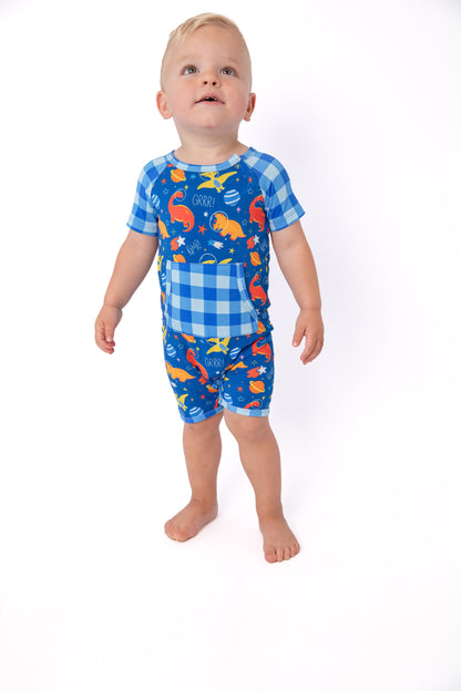 Space Dinosaur Bamboo Short Romper | Electric Blue