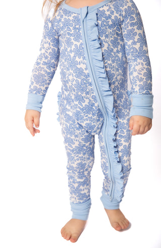 Blue Bonnet  Bamboo Floral Onesie | Double Zip & Frills | Mommy & Me