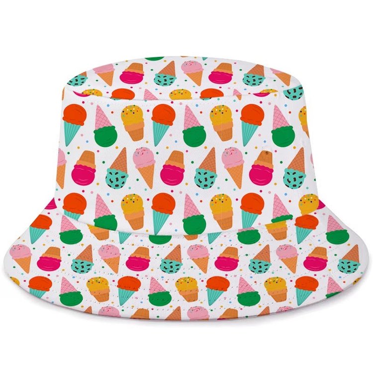 Bucket hat with colorful ice cream cone pattern on a white background