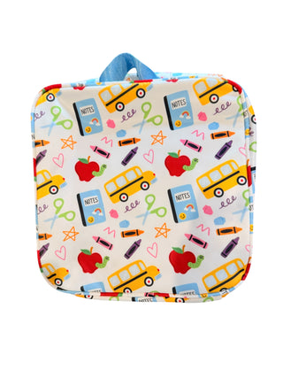 Padded seat cover with school-themed pattern on a white background