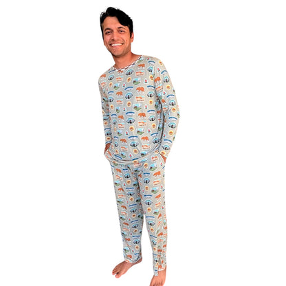 Man wearing a patterned pajama set on a white background