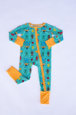 Children's onesie with insect pattern on a light gray background