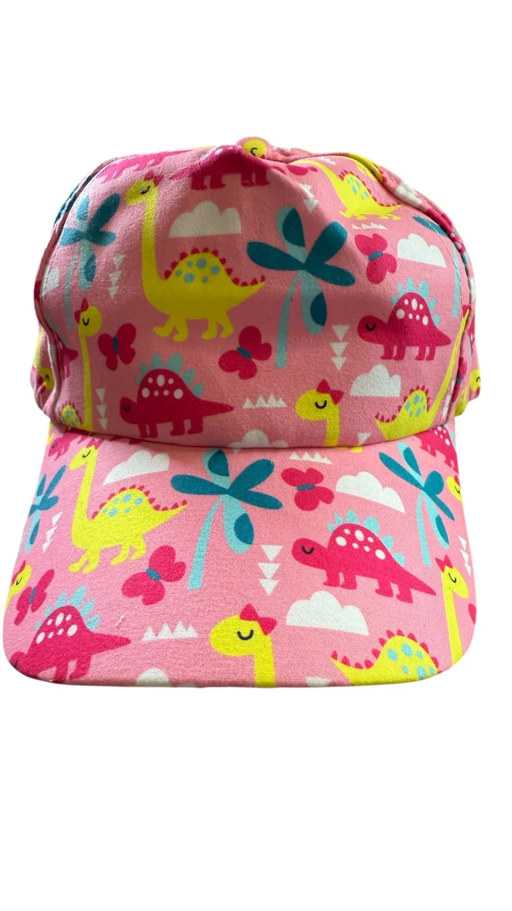 Pink children's cap with dinosaur and floral pattern on a white background