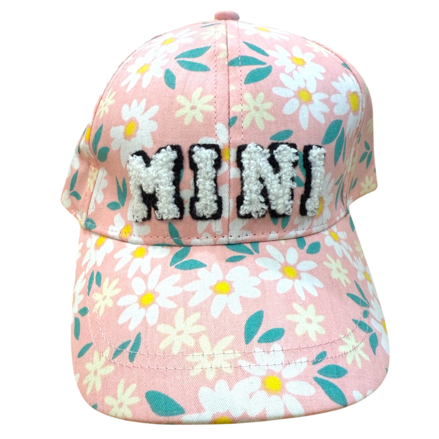 Floral-patterned cap with 'MIMI' text on a white background