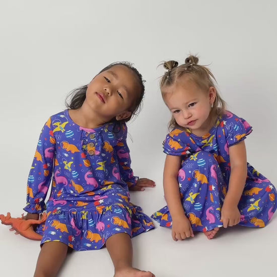bamboo nightgown qnd dress in space dinosaur print for little girls and toddlers
