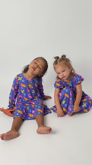 bamboo nightgown qnd dress in space dinosaur print for little girls and toddlers