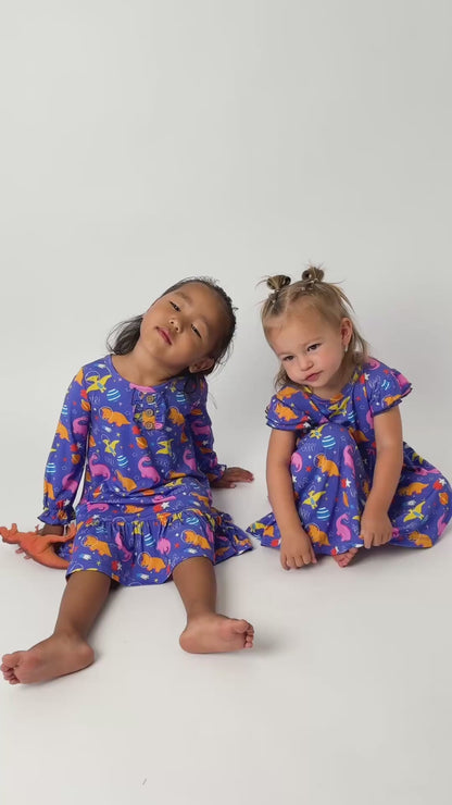 bamboo nightgown qnd dress in space dinosaur print for little girls and toddlers