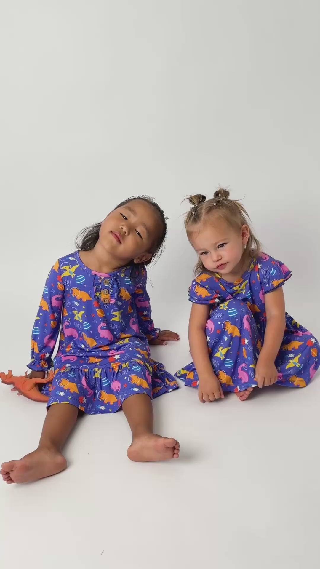 bamboo nightgown qnd dress in space dinosaur print for little girls and toddlers