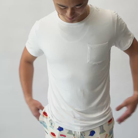 bamboo mens luxury Chicago print pajamas colorful with white top and Windy City landmarks and famous food. buttery soft and hypoallergenic.