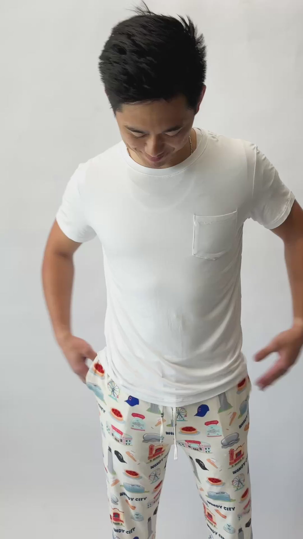 bamboo mens luxury Chicago print pajamas colorful with white top and Windy City landmarks and famous food. buttery soft and hypoallergenic.