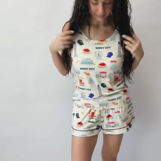 A buttery soft bamboo tank and shorts pajama set featuring cooling temperature-regulating fabric, adjustable drawstring shorts, and cozy Chicago-inspired artwork for luxurious sleep.